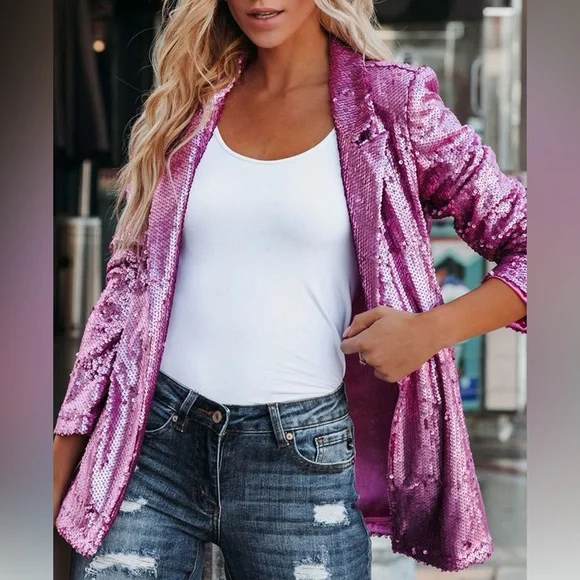❤️ NWT TCEC Showstopper Pink Sequin blazer Jacket size medium Valentine’s - Picture 4 of 11